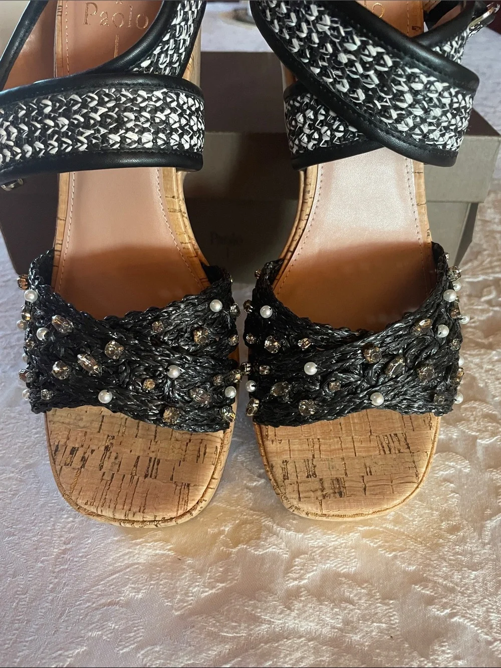 Paolo Black & Cork Beaded Pearl Wedge Sandals